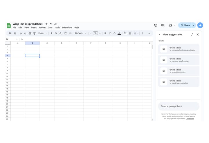 Wrap Text di Spreadsheet